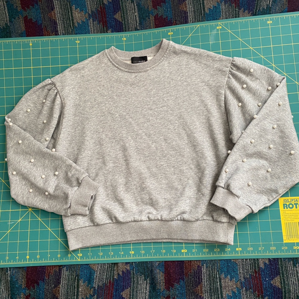 Grey Pullover Sweatshirt with Pearl Embellished Sleeves